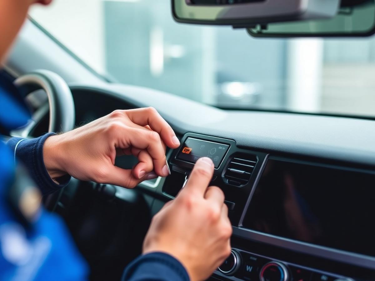 Technician installing a GPS device in a vehicle